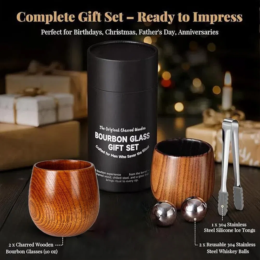 Juego de 2 vasos de whisky de madera carbonizada, vidrio carbonizado antiguo con 2 piedras de acero inoxidable y clip, regalos únicos hechos a mano para hombres, papá, aniversario, 8.8 onzas