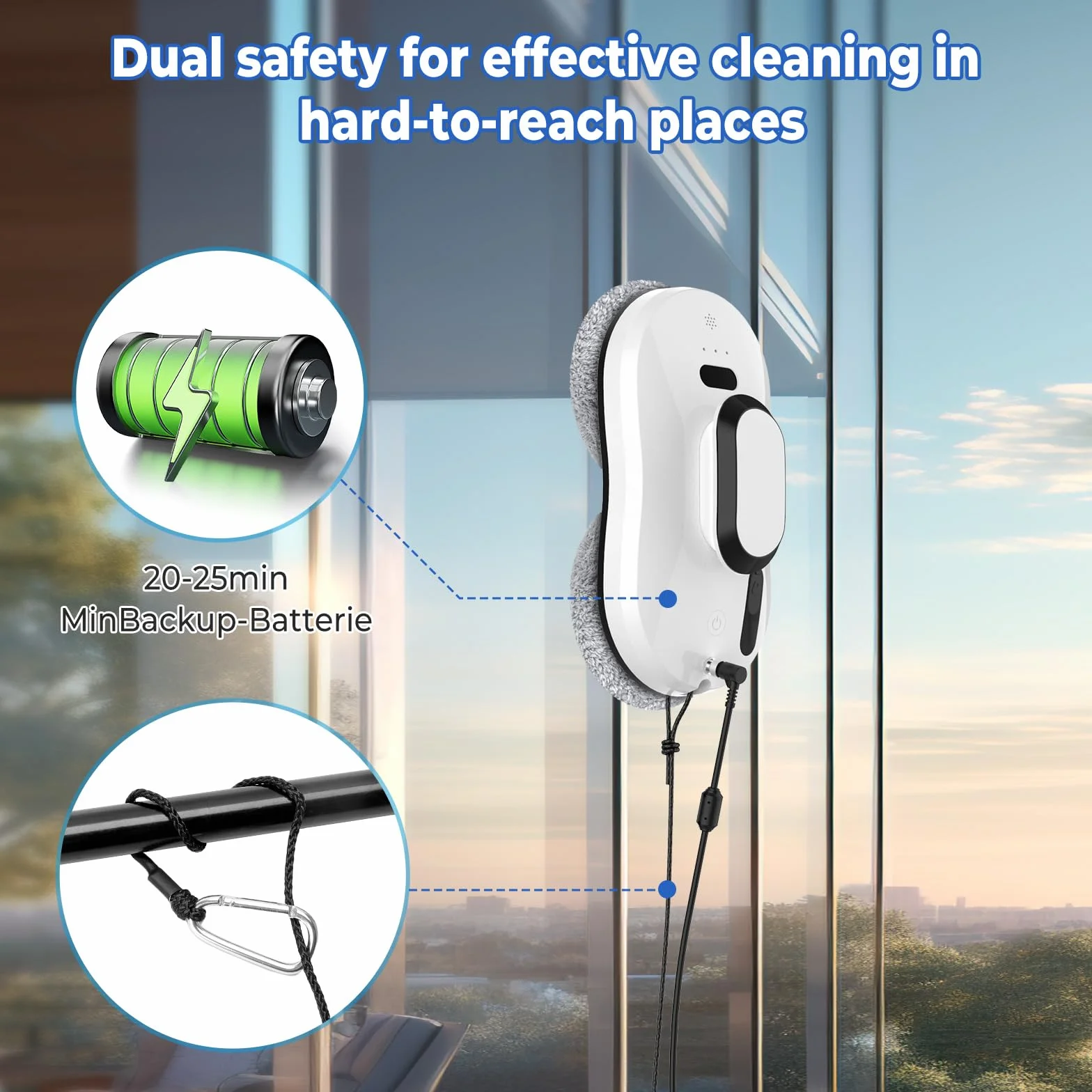Robot Limpiacristales, 5600Pa Robot Limpieza de Ventanas Electrico Con Sistema de Seguridad, Navegación Inteligente, Control Remoto, Detección de Bordes, para Las Superficies Lisas, con 10 Trapo (B)