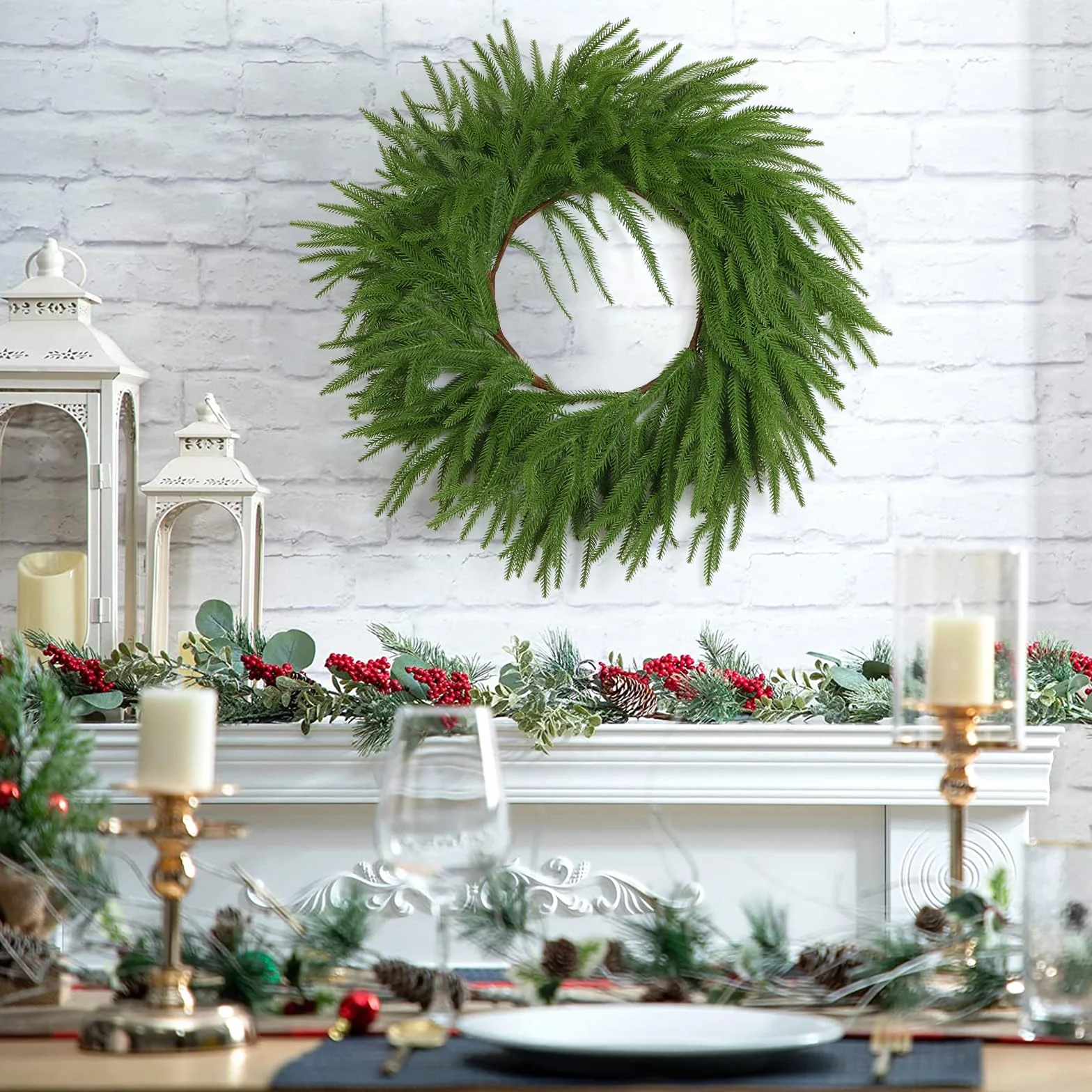Dremisland 60cm Grande Corona Navidad de Puerta Pino Norfolk Artificial Guirnalda Navideña Decoración Corona de Puerta Delantera para Balcón Adornos de Fiesta