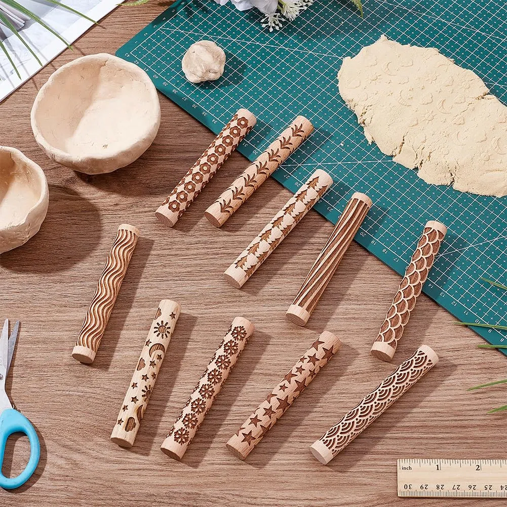 Unicraftal - Juego de 10 rollos de textura de madera para arcilla cerámica cerámica cerámica alfareros sellos herramientas rodillos de pastelería texturizados, kit de modelado para bricolaje artesanal