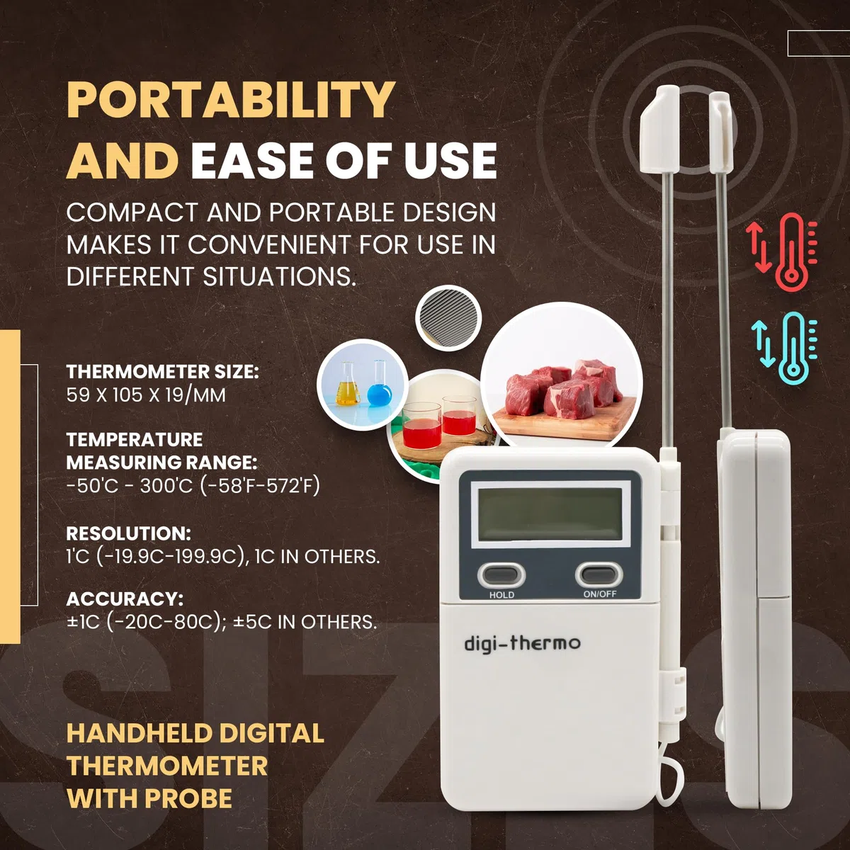 DOJA Barcelona | Termometro Digital de Mano con Sonda | Pack 1 | -50+300ºC | Termómetro Digital con Sonda Temperatura | Termometro Sonda Industrial | Para Medir Temperatura Cocina, Agua, Barbacoa..