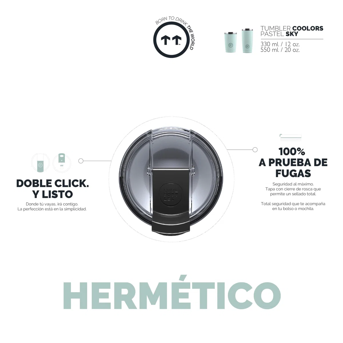 Cool Bottles - Vaso Térmico de Acero Inoxidable 330 ml - Pastel Sky - Tapa Hermética - Vaso para Café - Bebidas Frías 10 horas y Calientes 5 horas - Libre de BPA