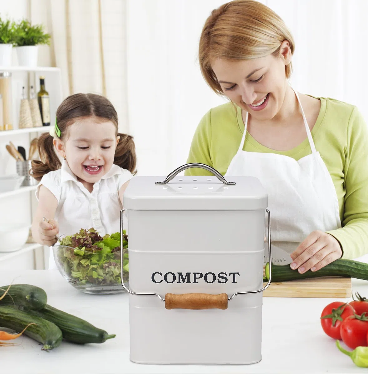 Cubo de Compostaje para Cocina 6L con Filtro de Carbón - Cubo Pequeño para Basura Orgánica, Acero Inoxidable Anticorrosivo, Ideal para Desechos de Alimentos y Reciclaje en Encimeras Blanco