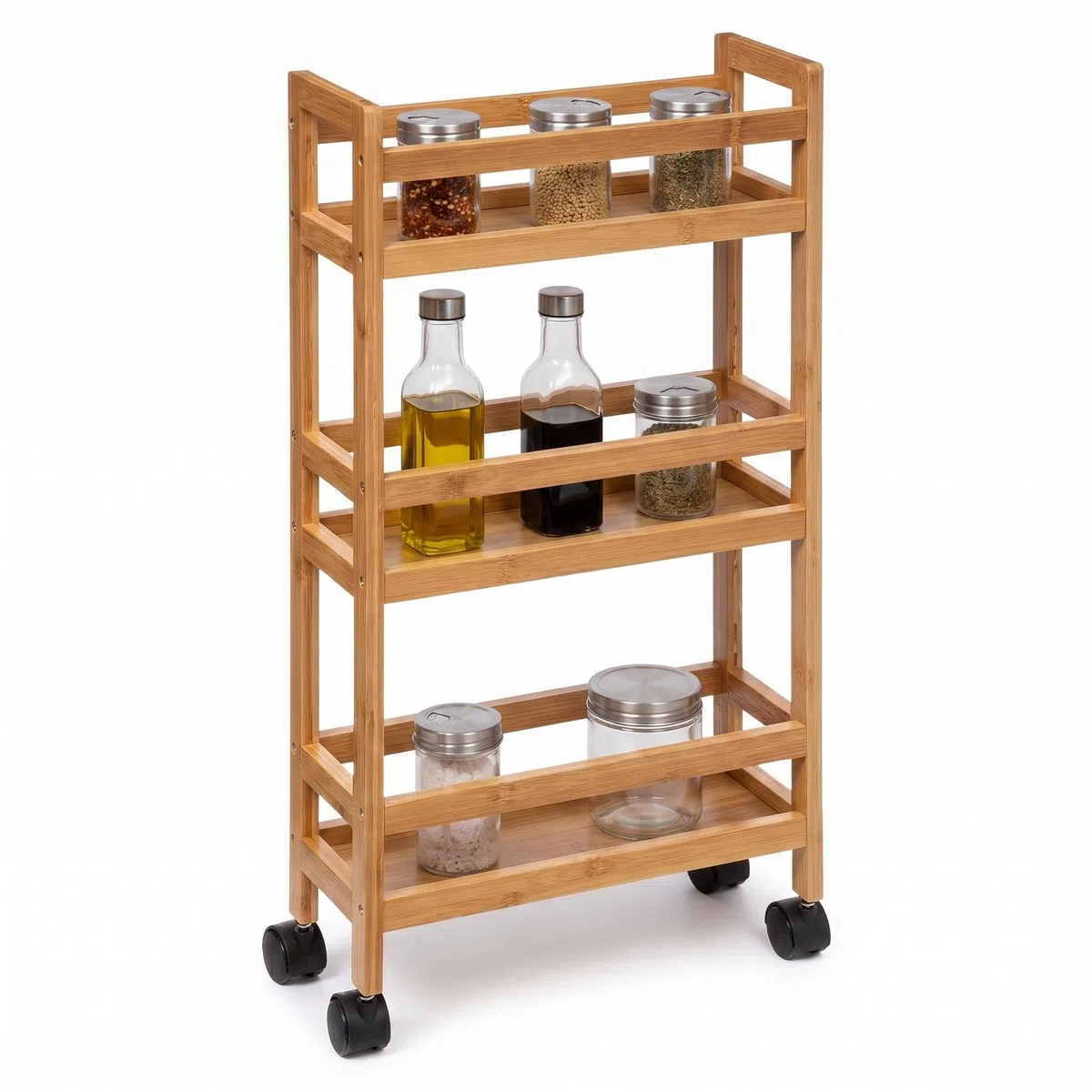 Carrito Auxiliar con Ruedas de 3 Niveles, Carrito Cocina Bambú, Carrito Estrecho de Almacenamiento, Ahorra Espacio, para Baño, Cocina, Oficina, 74,5 x 36 x 15 cm
