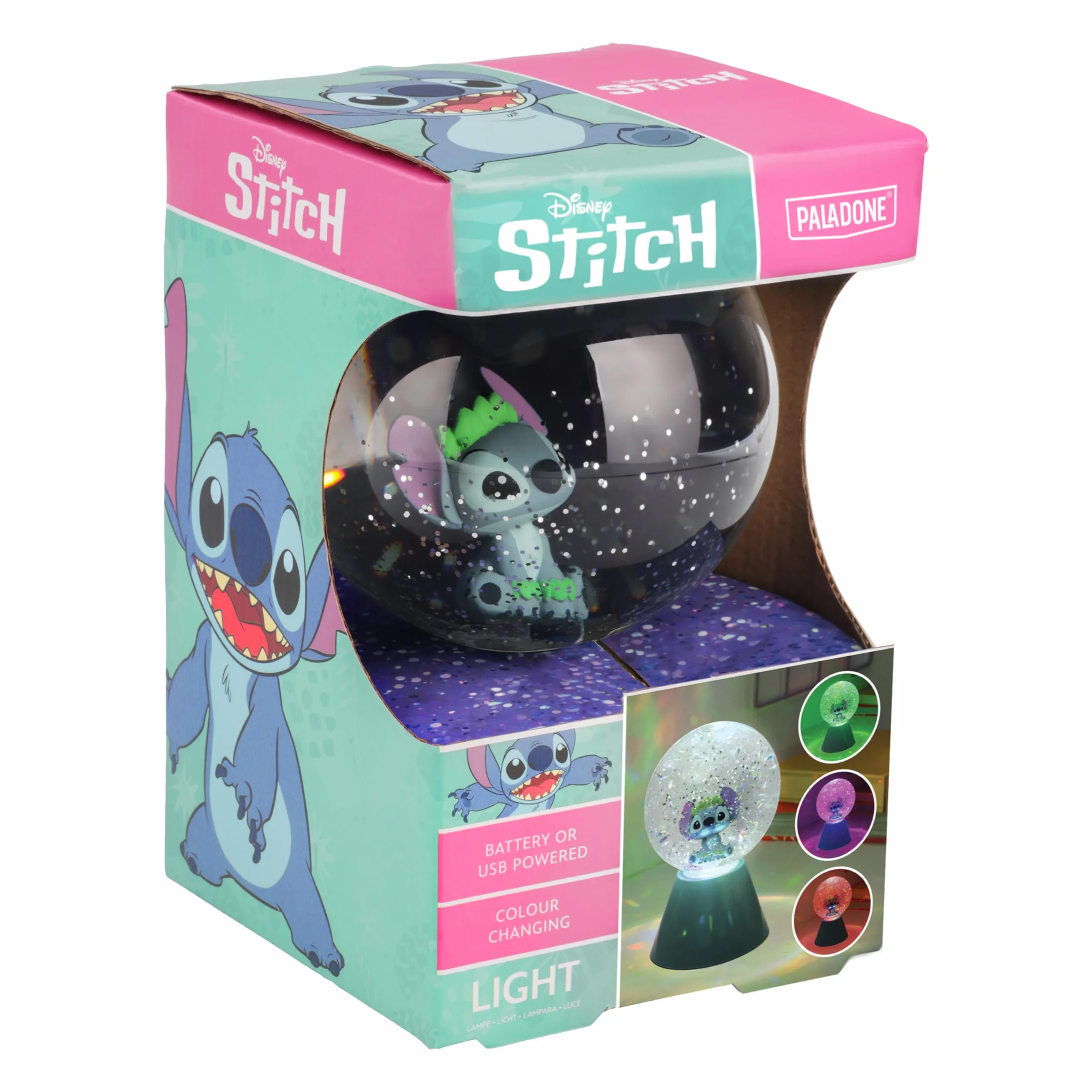 Paladone - Bola LED con purpurina de Lilo y Stitch de Disney, globo de nieve luminoso que cambia de color con licencia oficial para niños, adolescentes y adultos, diseño compacto