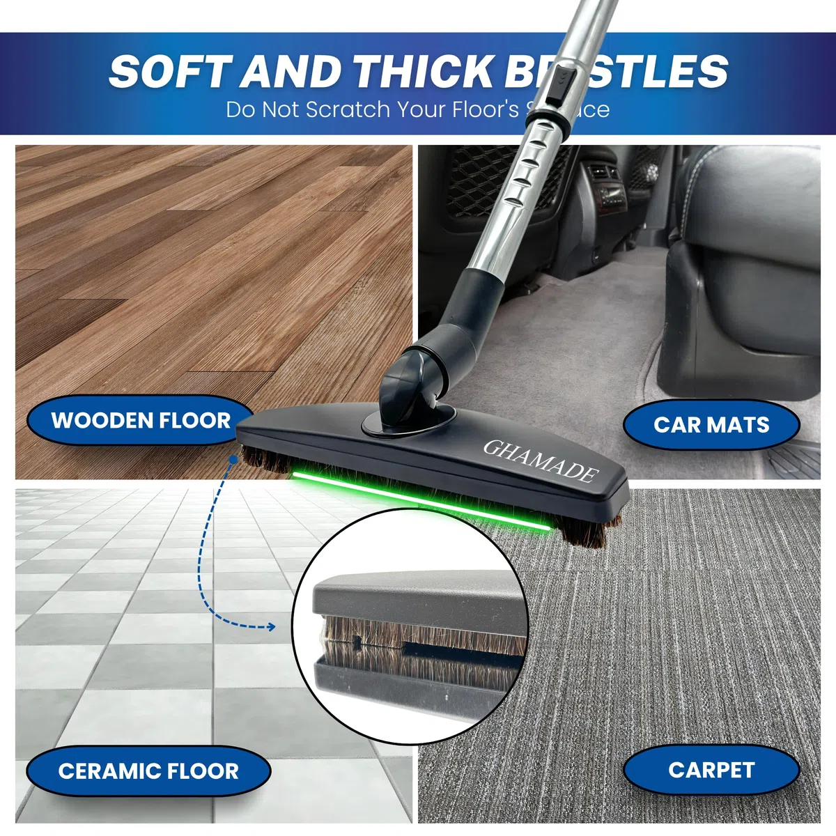 Cepillo de piso al vacío y varita telescópica con conexión de 32 mm y adaptador de 1-3/8 pulgadas a 1-1/4 pulgadas | Funciona en alfombras bajas y todos los suelos | Accesorio de piso de madera dura