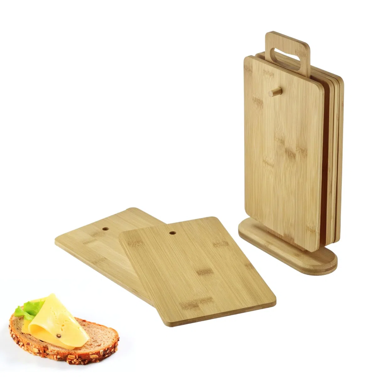 Westmark Tablas de desayuno – 6 tablas de pan incl. soporte, tablas para el desayuno y la cena, también ideales como tablas de cortar o platos para servir – bambú, 7 uds.