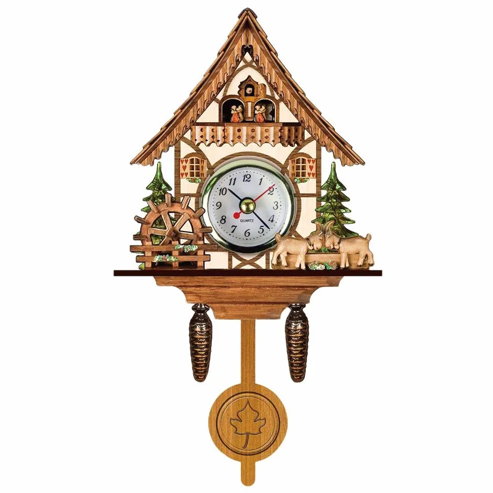 Eujgoov Reloj de Pared Cuco de Madera Estilo Tradicional del Noroeste de Europa con Campana Oscilante Automática Funciona con Pilas para Sala y Dormitorio Reloj de Cuco Antiguo Decorativo