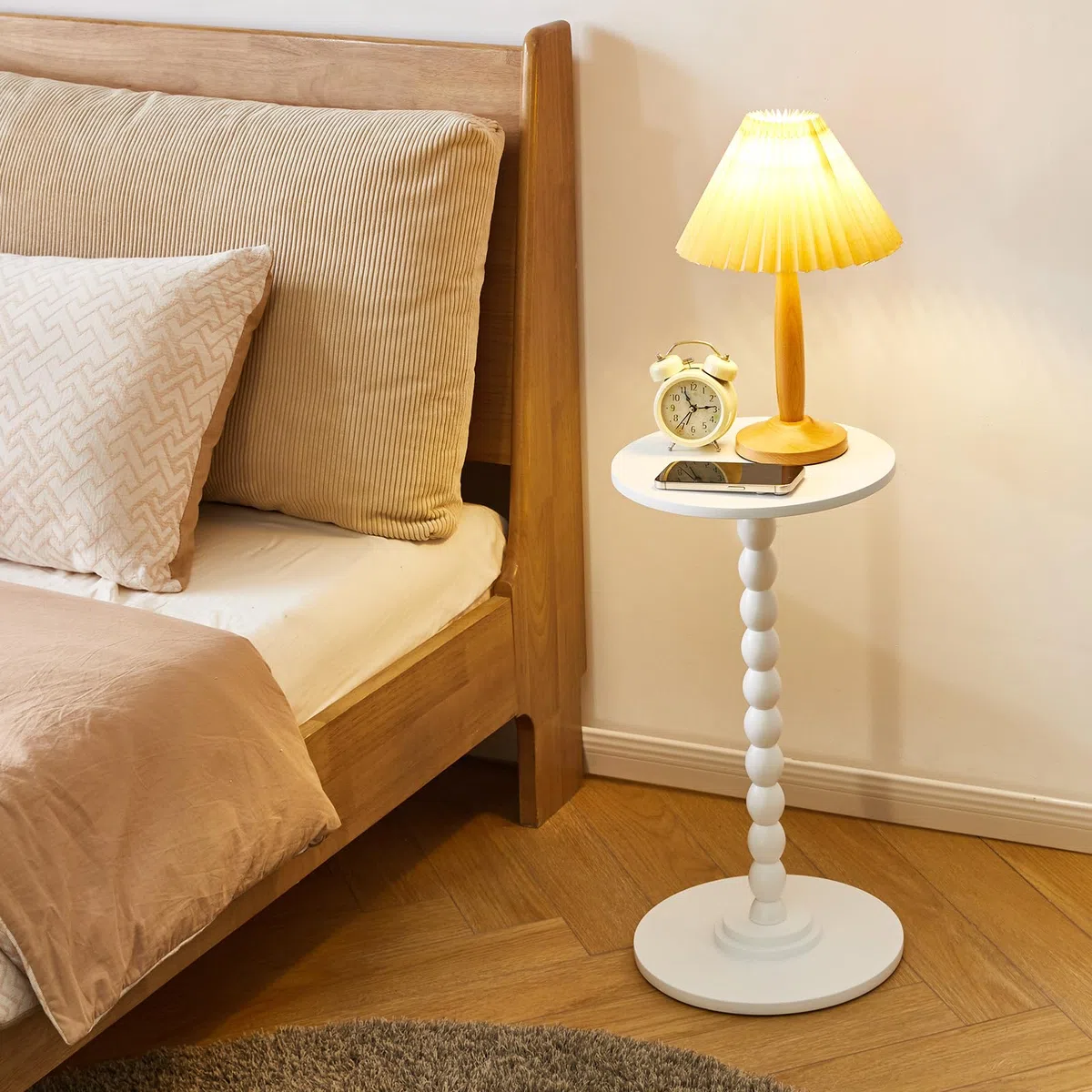 Aibiju Mesa Auxiliar Estrecha, Mesita de Noche Moderna, Redonda, Pequeña, con Patas de Madera Maciza para Sala de Estar, Dormitorio y Espacios Pequeños, Color Blanco YD-RST001W