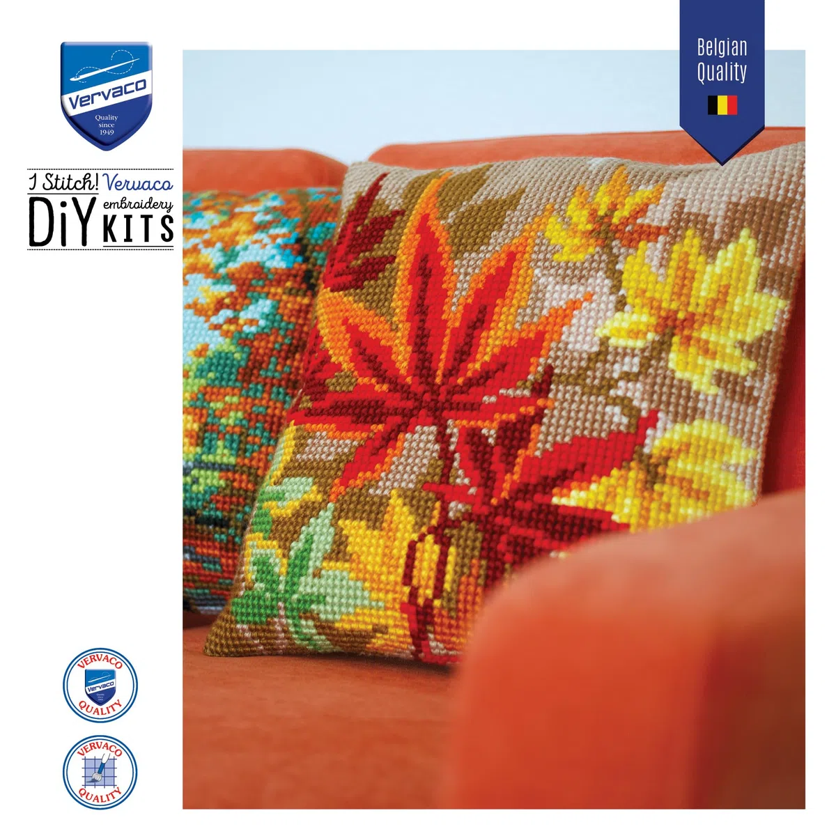 Vervaco Punto De Cruz Kit Cojin Decorativo HOJAS DE OTOÑO Manualidades Adultos Decoracion Bordar Kit Principiantes Completo DIY Bordado Creativo Regalo ca. 40x40 cm Cross Stitch Embroidery