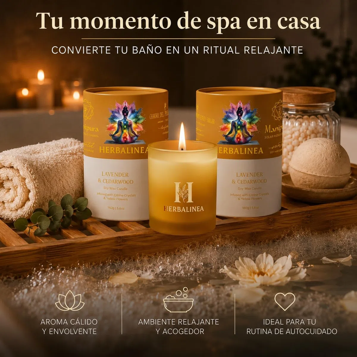 Vela Chakra de Soja 100% con Piedras Naturales y Flores Secas, Vela Aromática para Meditación, Yoga, Relajación y Decoración, Regalo Original, 160 g (Amarillo - Chakra Plexo Solar)