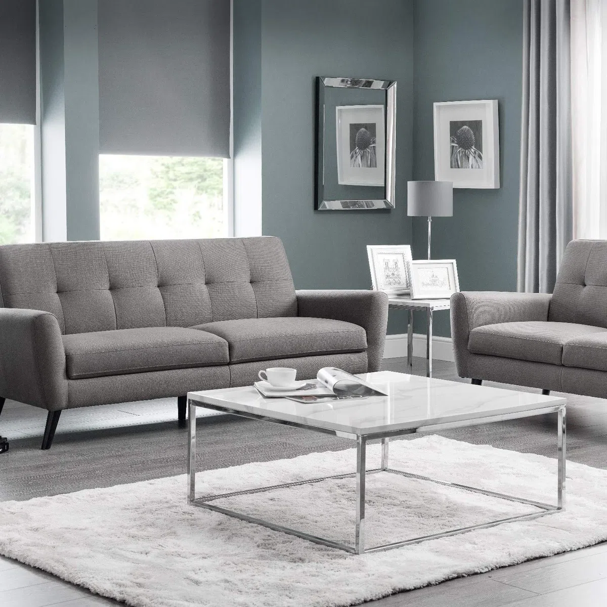 Julian Bowen Scala - Mesa de lámpara superior, mármol blanco y cromo, mesa decorativa lujosa y contemporánea