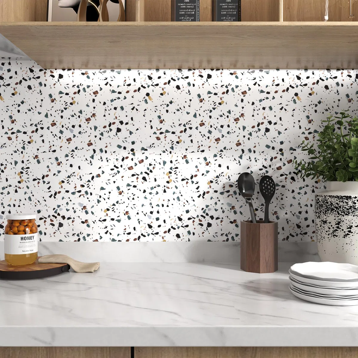 Stickyart Vinilo Adhesivo Muebles Efecto Terrazo Blanco 90cmX400cm Rollo Papel Adhesivo Para Muebles Cocina Papel Pintado Autoadhesivo Pared Lavable Vinilo Encimera Vinilos Bano Revestimiento Cajones