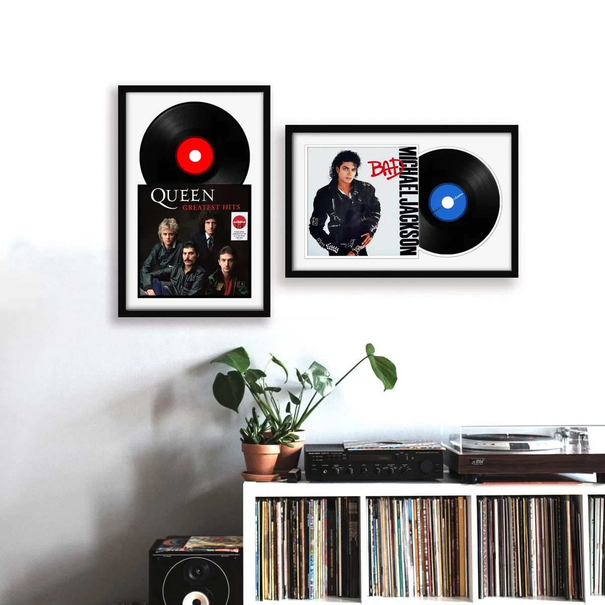 Expositor de discos de vinilo, marco de álbum con alfombrilla inferior blanca, paquete de 4