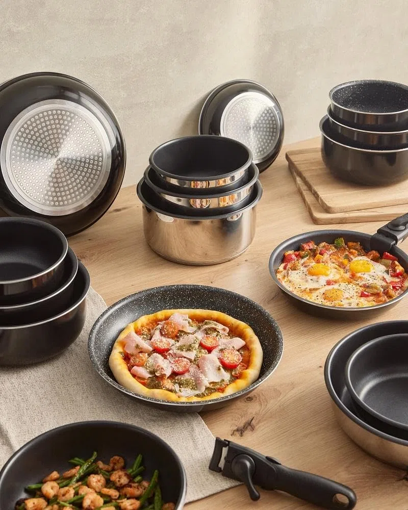 Bergner Black Edition Juego de 3 Cazos de Cocina de 16, 18 y 20 cm + Mango Ergonómico ExtraíbleAluminio Prensado y Antiadherente Todo Tipo de Cocinas y Horno, 16 cm | 18 cm | 20 cm