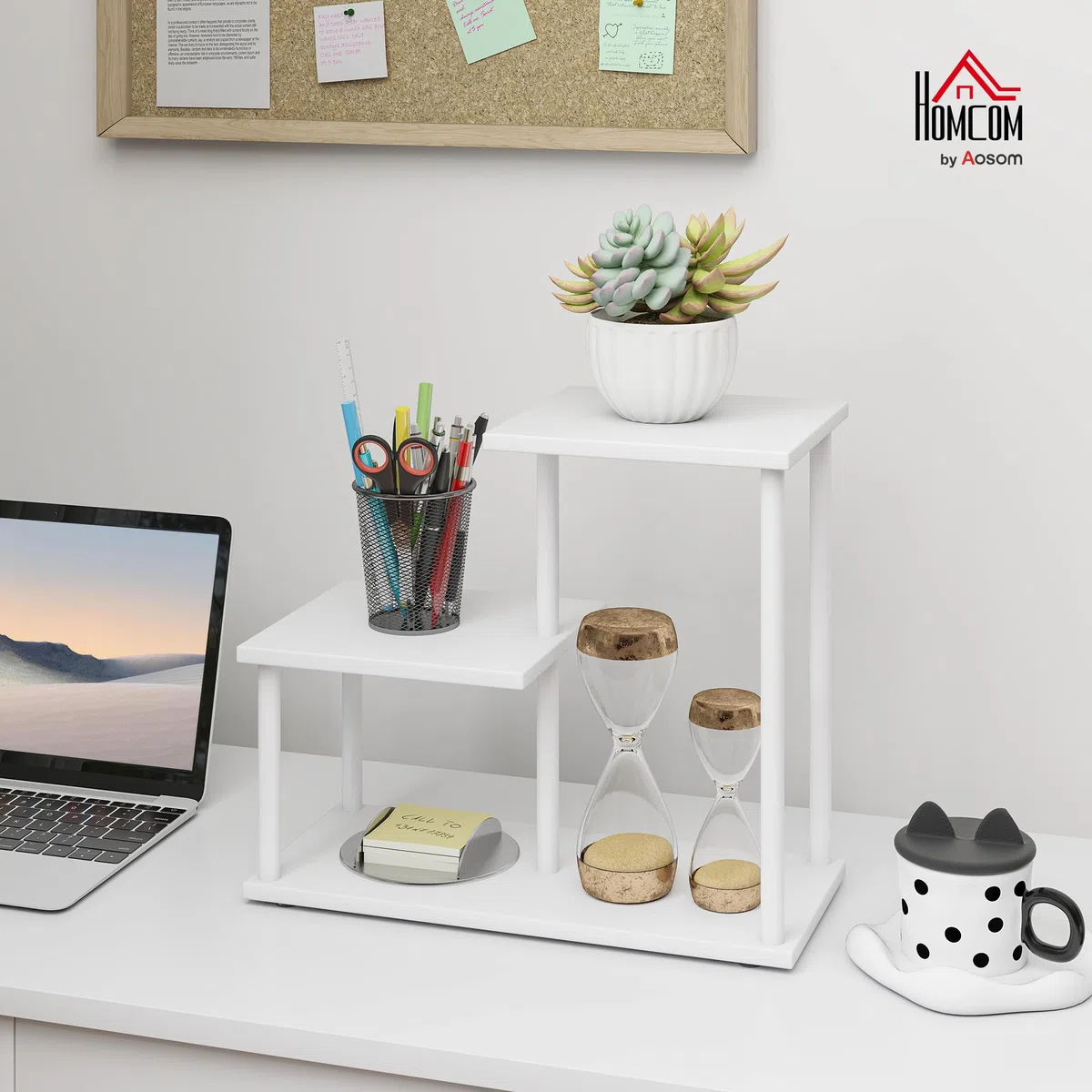 HOMCOM Estantería Efecto Madera Estantería Librería de 3 Niveles Estilo Moderna con Estructura de Metal Estante de Almacenamiento para Escritorio Oficina Cocina 40x20x34,5 cm Blanco