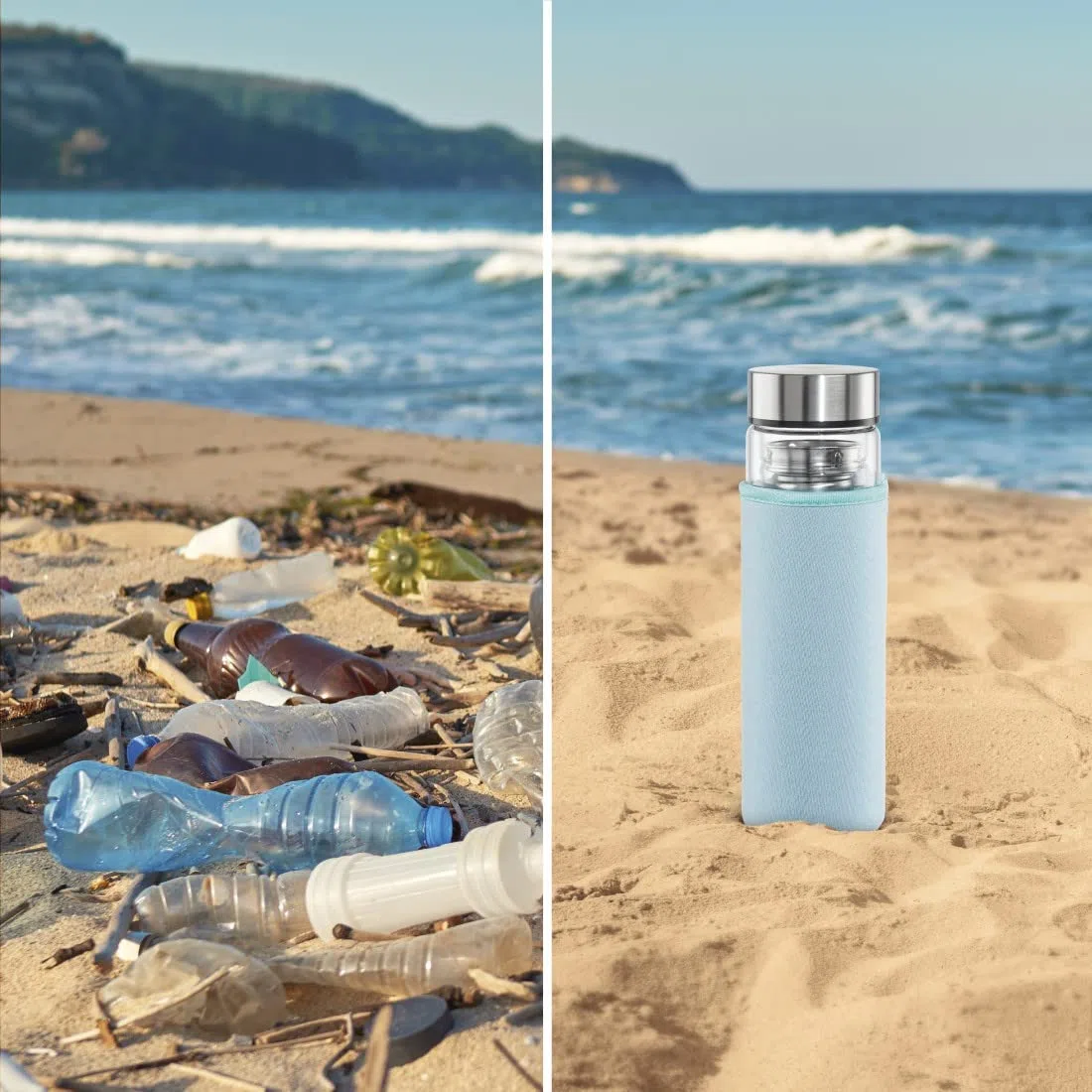 Xavax | Botella de cristal de 450ml con funda protectora (Mantiene la temperatura 2h, Con un colador de té, Hermético, Apto para bebidas carbonatadas y para alimentos), Transparente