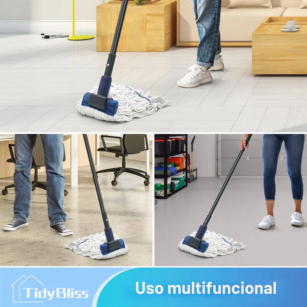 TidyBliss Mopa Fregona Industrial, Mopas de Limpieza de Suelos con Manija Extra Larga de 146 cm, Profesional para Limpieza en Seco y Humedo de Suelos de Madera, Cemento, Azulejos (Azul)