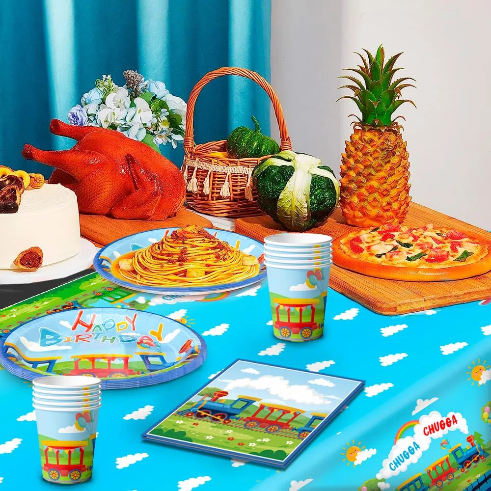 Juego de vajilla para fiesta de cumpleaños, 16 invitados, vajilla de fiesta infantil, cumpleaños, tren o cumpleaños, servilletas, vasos de fiesta, mantel de tren, pancartas, etc. Decoración de