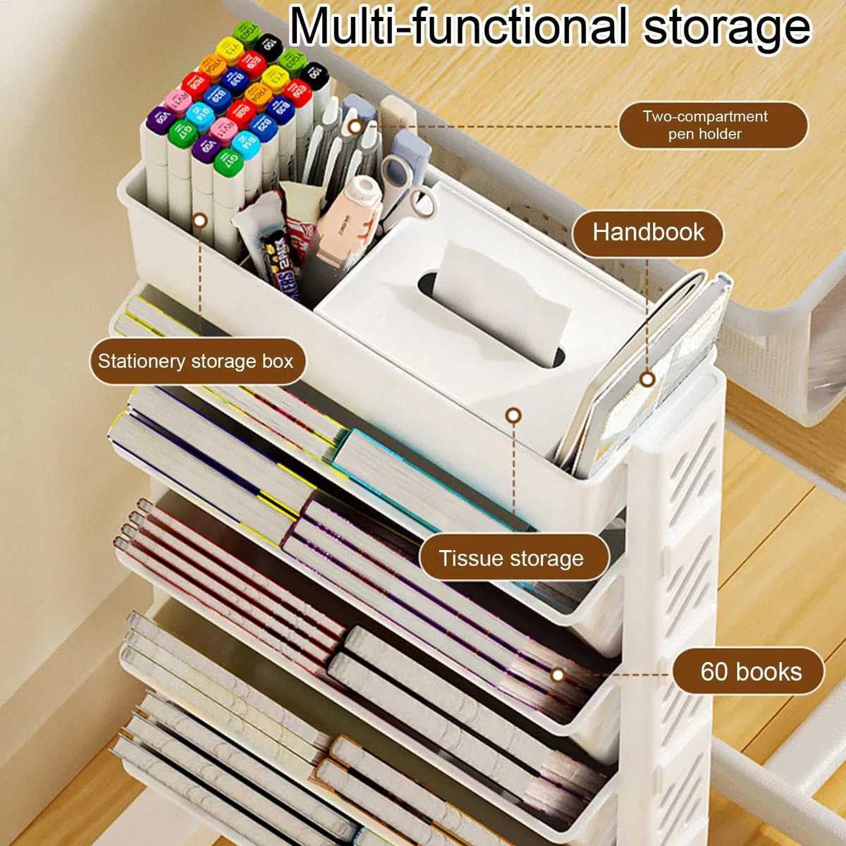 Genérico Carros con Ruedas De Almacenamiento 5+1 ‌Soporte para Libros De Mesa, Organizador Colgante para Escritorio con Múltiples Compartimentos, Ideal para Espacios De Trabajo Y Zonas De Estudio