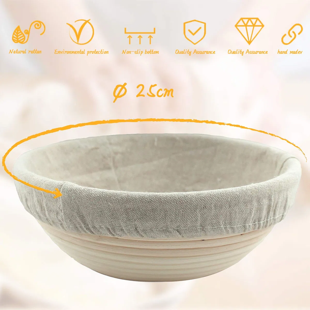 MUOIVG Cesta de Fermentación de Pan,10" Banneton Redondo 1000g, Cesta de Ratán Natural para Pan y Masa 25 x 25 x 8.5 cm con Tela de Lino, Raspador de Masa,Cuchillo de Panadero y Cepillo