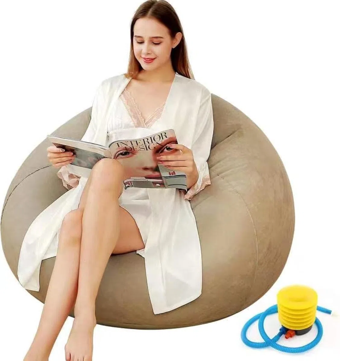 LONEEDY Silla Sofá Inflable, Asiento Hinchable para Juegos, Interior Exterior Camping Jardín Tela de Felpa Suave y Elegante para Adultos Niños Individual (Caqui Esférico)