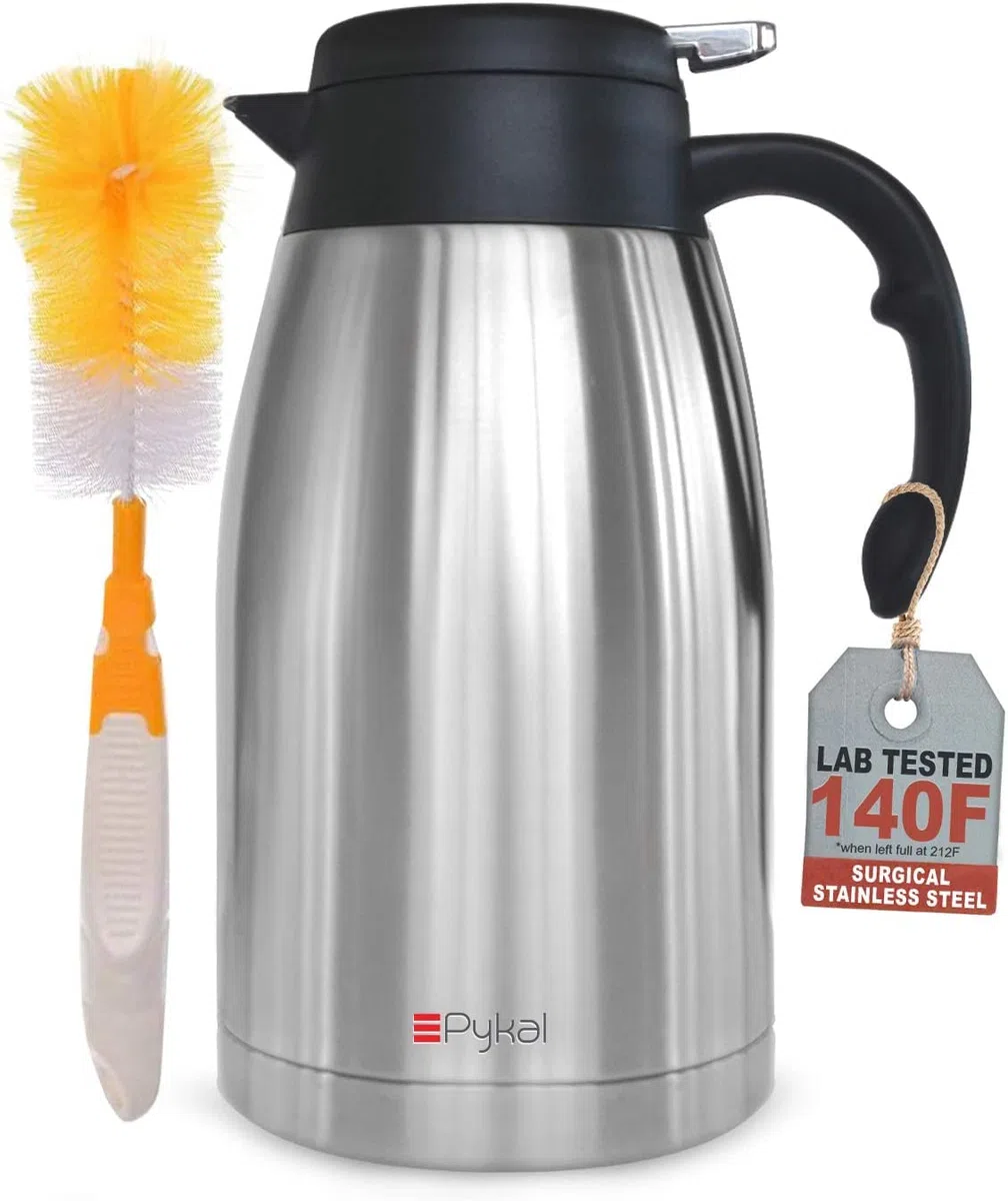 Termo para Cafe - 2 L - Agua Aislada al Vacío 24HR 60C - Jarra Termica Grande de Acero Inoxidable para Mantener tu Bebida Caliente - Cepillo Gratis