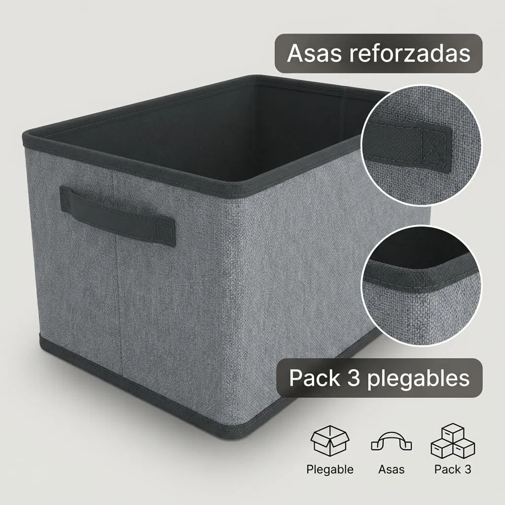 Pincho Organizador Armario, Cajas Almacenaje Ropa, Almacenamiento Hogar, Caja Almacenaje Tela con Asas Reforzadas, Organizadores de Cajones con Compartimentos - Pack 3 Plegables Gris (6)