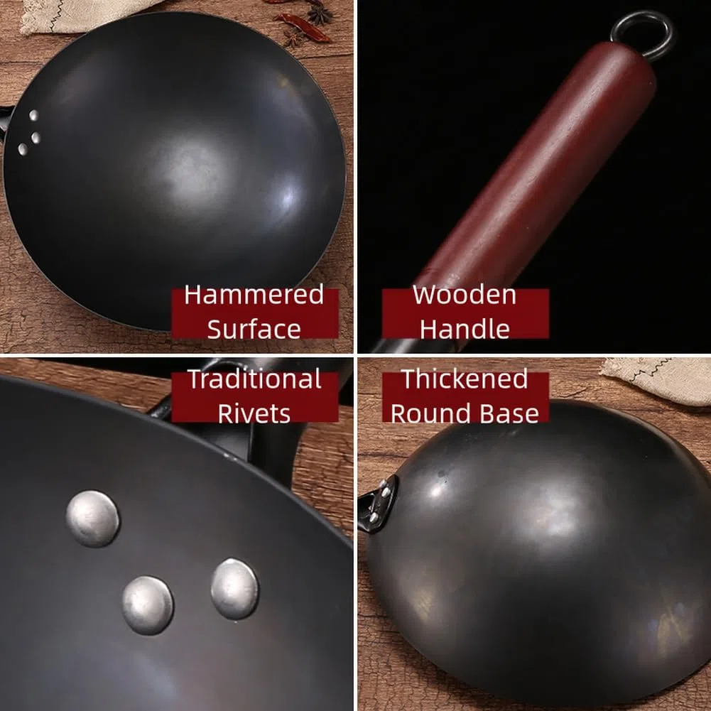 Sartén wok de hierro fundido de 30 cm, 32 cm, 34 cm, 36 cm, sin revestimiento, resistente para cocina de gas o eléctrica, uso doméstico (12.6 pulgadas)