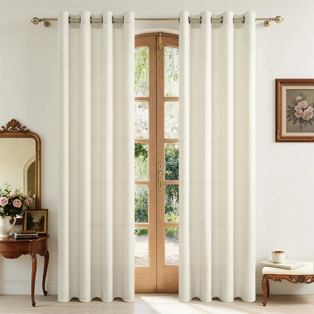 CUTEWIND Cortinas Lino Natural Salon Modernas 2 Piezas 140x240 cm, Lindas Cortinas Rusticas y Visillos Translúcidas con Ojales para Dormitorio Juvenil Comedor Habitacion, Beige