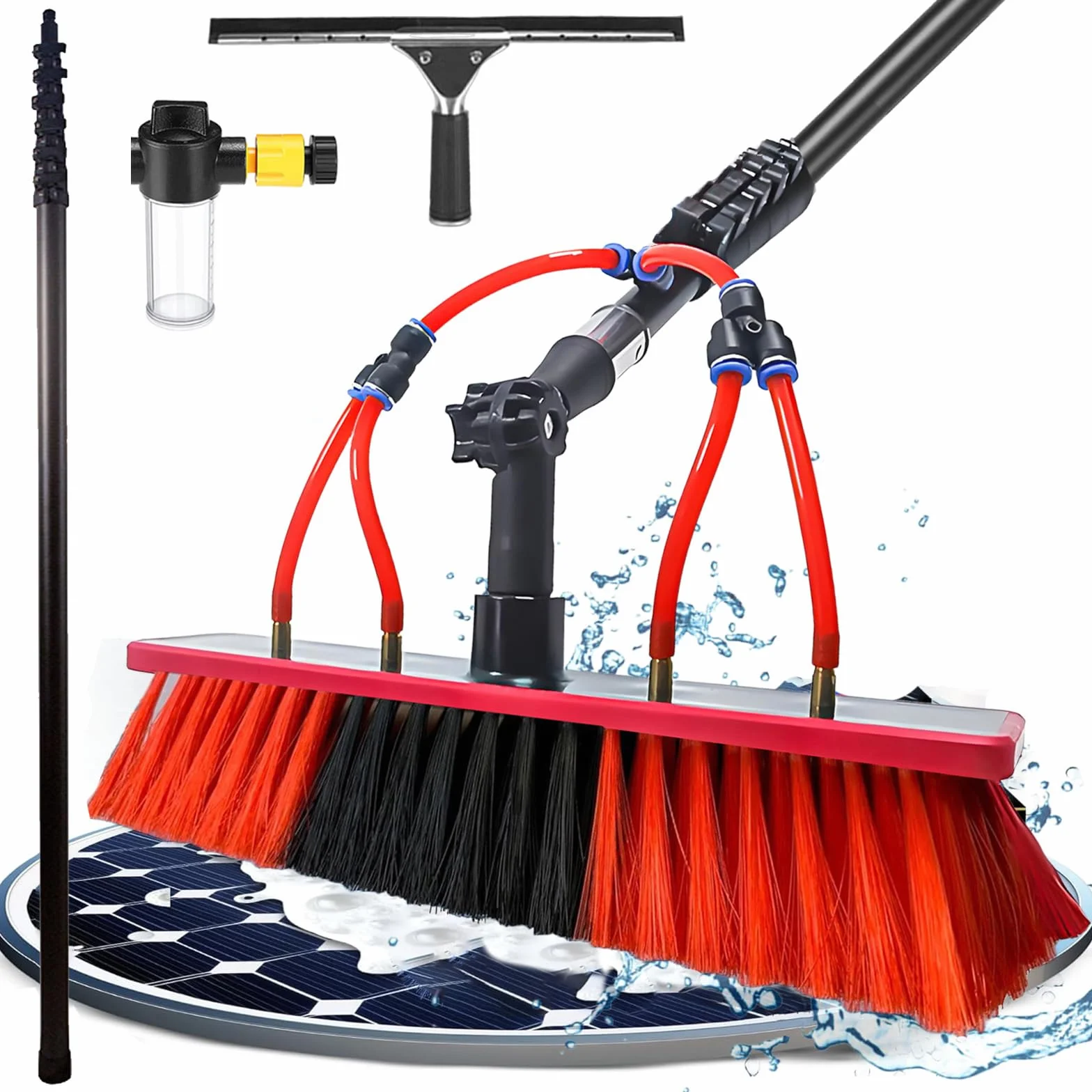 Genérico Cepillo para Ventanas con Mango telescópico de Fibra de Carbono de 10 m. Kit de Limpieza: Alimentado por Agua, escobilla de Goma, dispensador de jabón, Mango telescópico de 10 m y