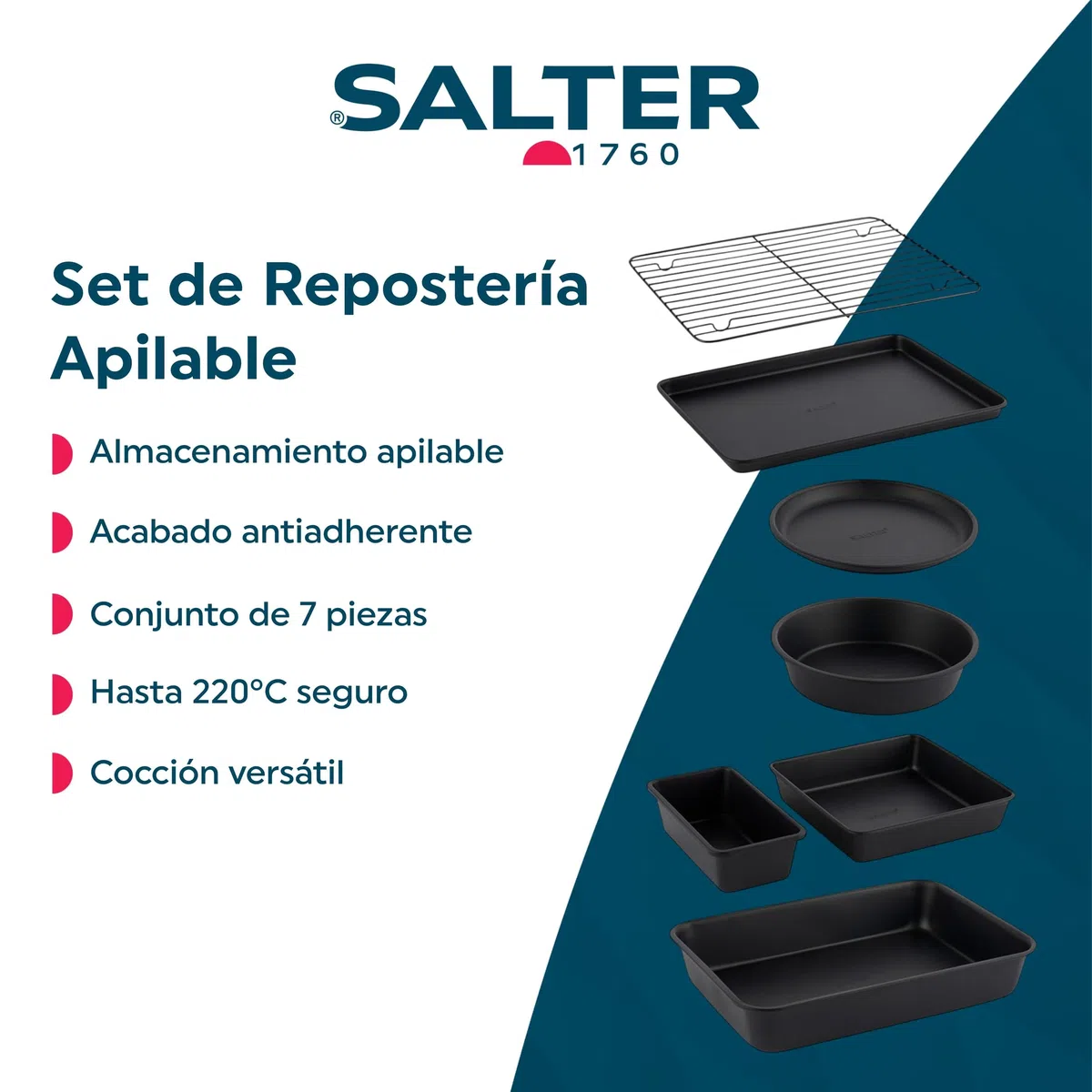 Salter BW12572EU7 Set de hornear de 7 piezas - bandeja para hornear, molde para pastel, molde para tarta, para pan de molde, molde para brownie, molde para asar, rejilla para enfriar, antiadherente
