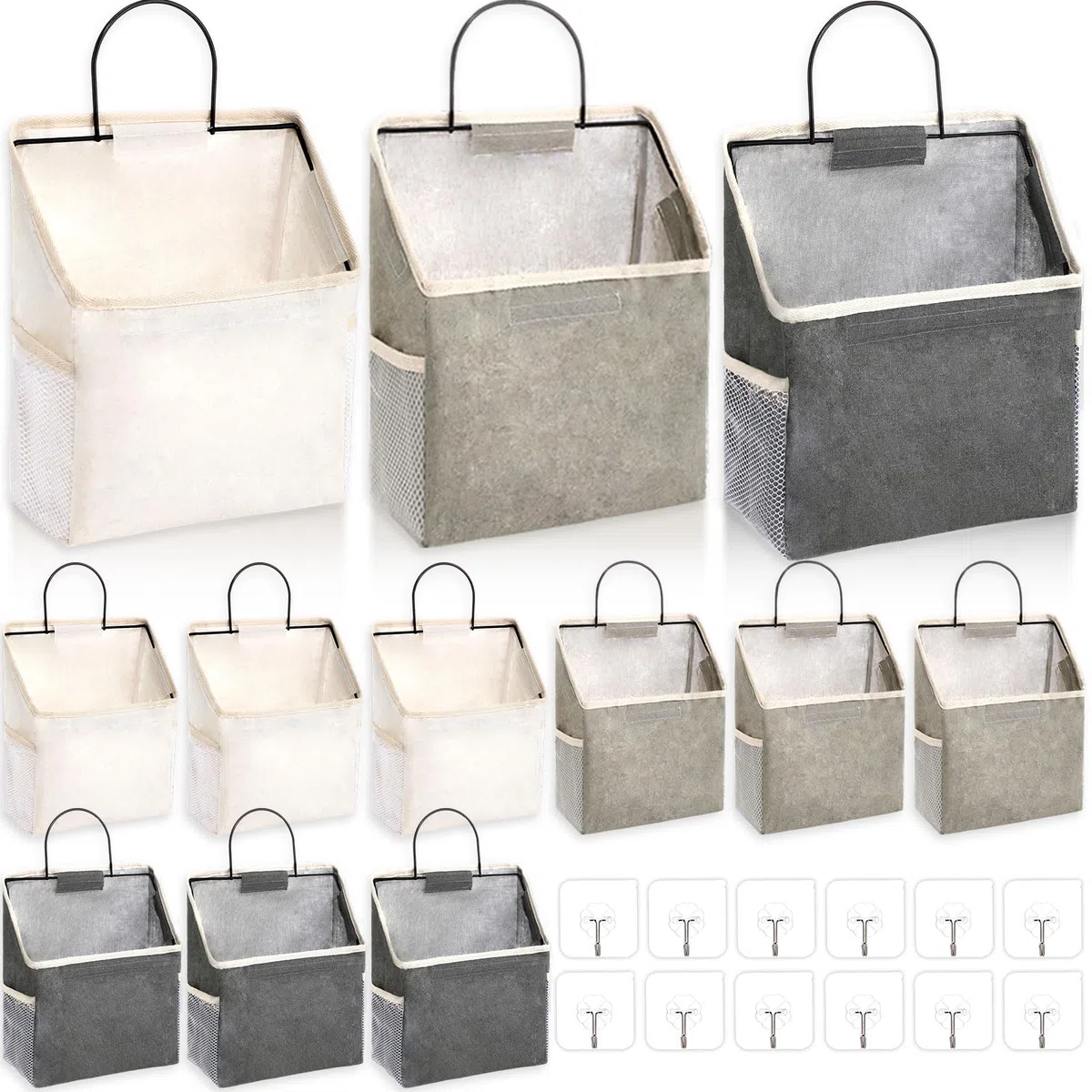 Woanger 12 bolsas de almacenamiento para colgar en la pared, bolsa organizadora para colgar en la puerta, armario, contenedores con ganchos para dormitorio, baño, 15 x 4.3 x 8.7 pulgadas (blanco, gris
