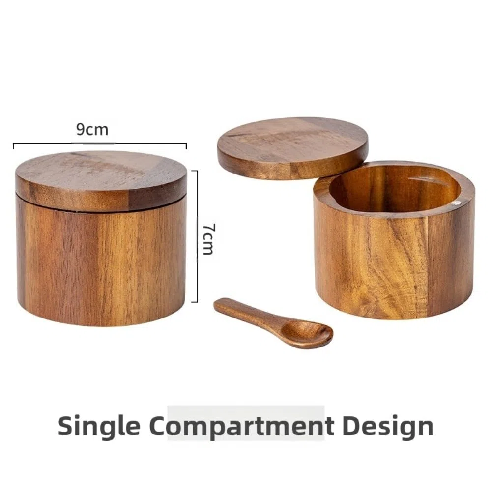 1 salero de madera de acacia con tapa magnética y ranura para cuchara, ideal para guardar especias en la cocina.