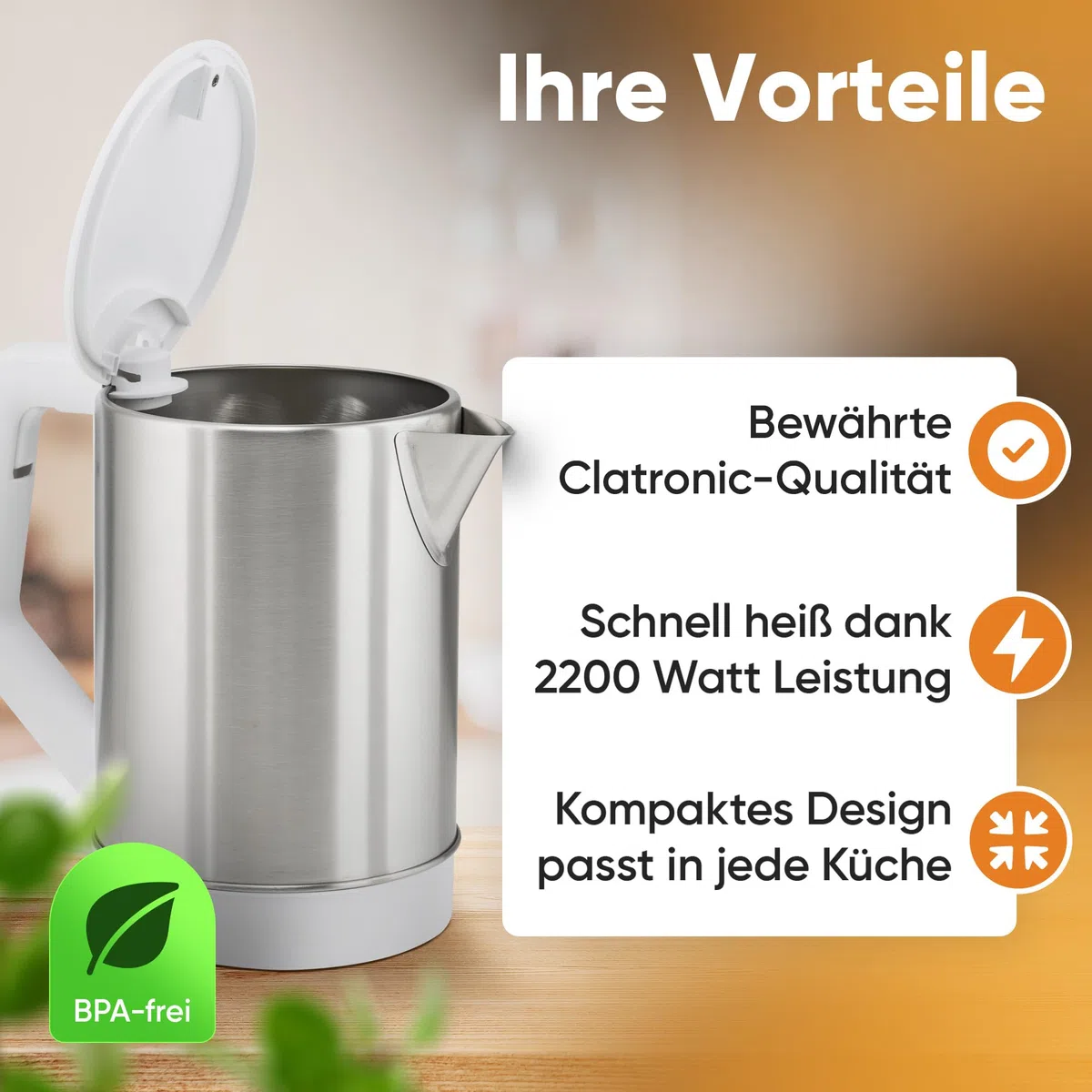 Clatronic WKS 3692 - Hervidor de agua eléctrico 1,5 litros, recipiente acero inoxidable sin BPA, resistencia oculta, 2200 W apagado automático, inalámbrico 360º sin cable, filtro de cal, blanco