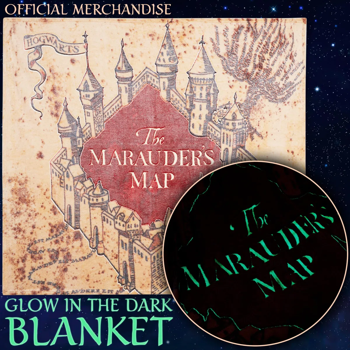 Harry Potter Manta Que Brilla en la Oscuridad 130x150cm con Mapa del Merodeador, Se Ilumina Tras 10–30 Minutos de Luz, Manta para Cama y Sofá, Hogwarts Regalos Originales