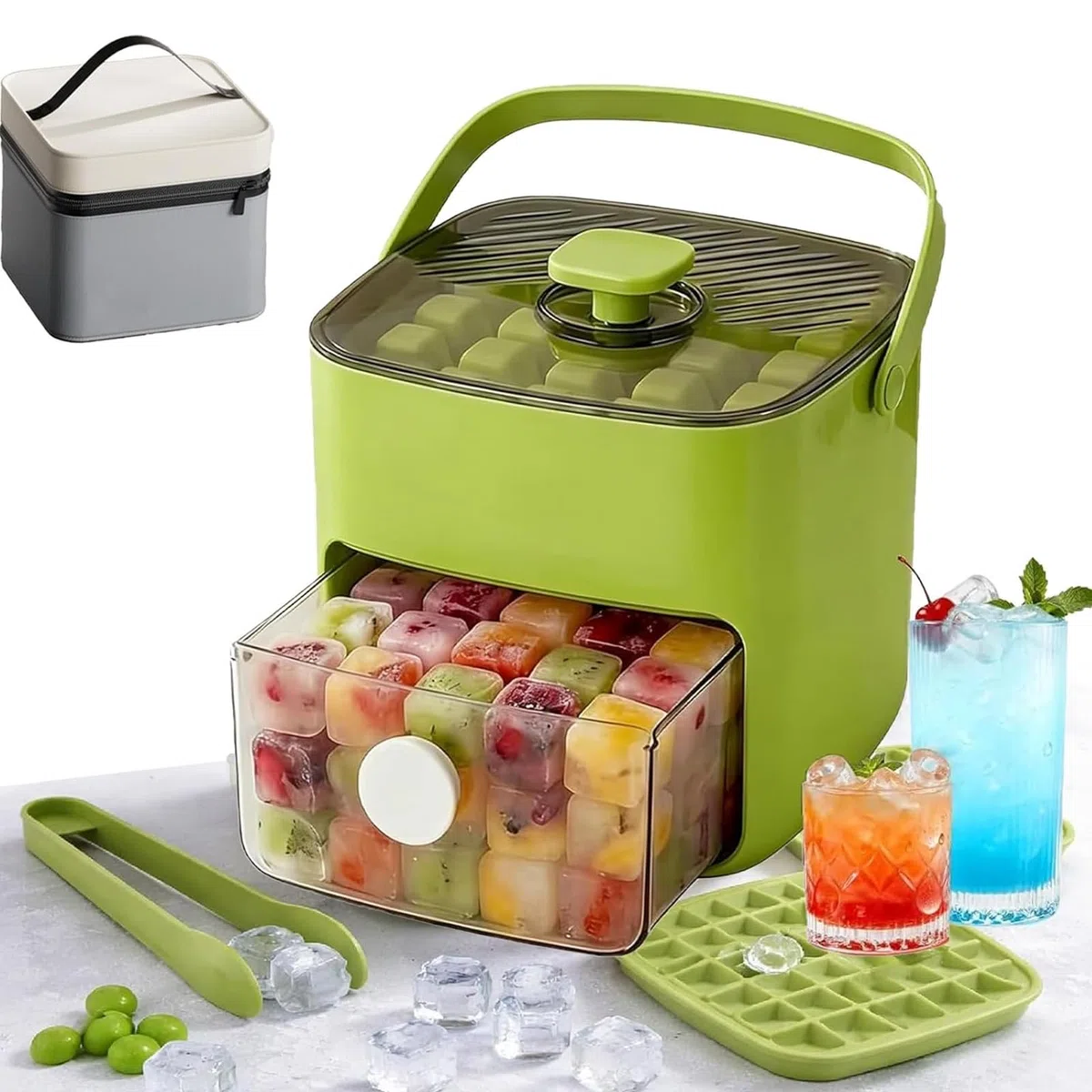 Máquina para hacer 48 cubitos de hielo con bolsa de transporte y pinzas para hielo, caja portátil para moldear, bandeja de doble capa y contenedor/tapa de fácil presión, para acampar, RV, fiest green