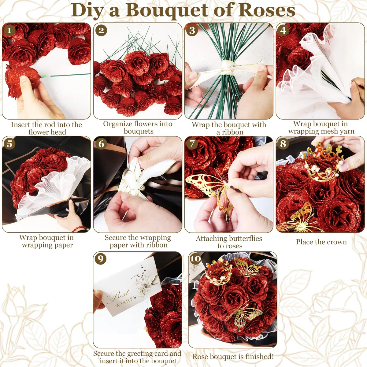DRAKEWOOD Ramo de Rosas Purpurina Rojas con 24 Piezas Rosas Artificiales Burdeos Mariposa Corona y Tarjetas - Ramo de Flores Brillantes para San Valentín Compromiso Boda Aniversario día de la Madre