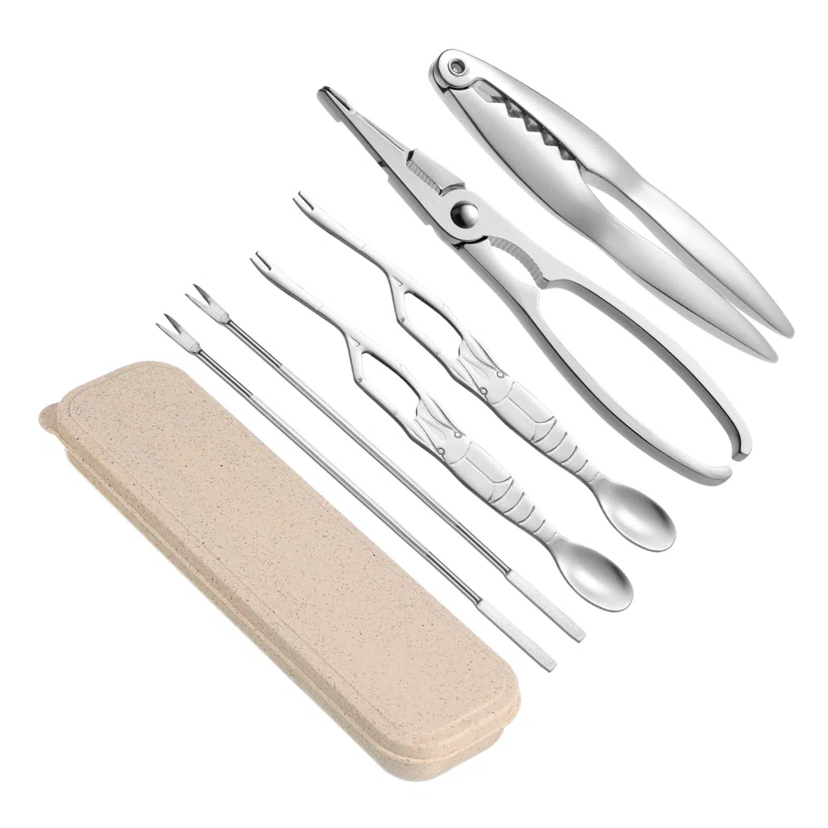 Pinzas Marisco de Acero Inoxidable con Agarre Cómodo y Estuche, Juego de 6 Herramientas para Abrir Mariscos y Comer Langostas en Familia