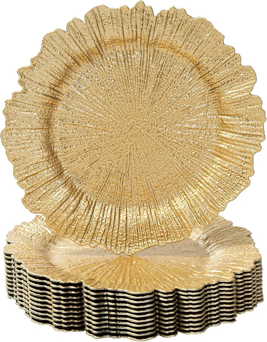 LATERN 12 Piezas Placas Cargadoras de Oro Reutilizables, 33CM Reef Platos Cargadores de Cena de Plástico Platos Redondos Grandes para Servir para Navidad Acción de Gracias Boda Fiesta Mesa Decoración