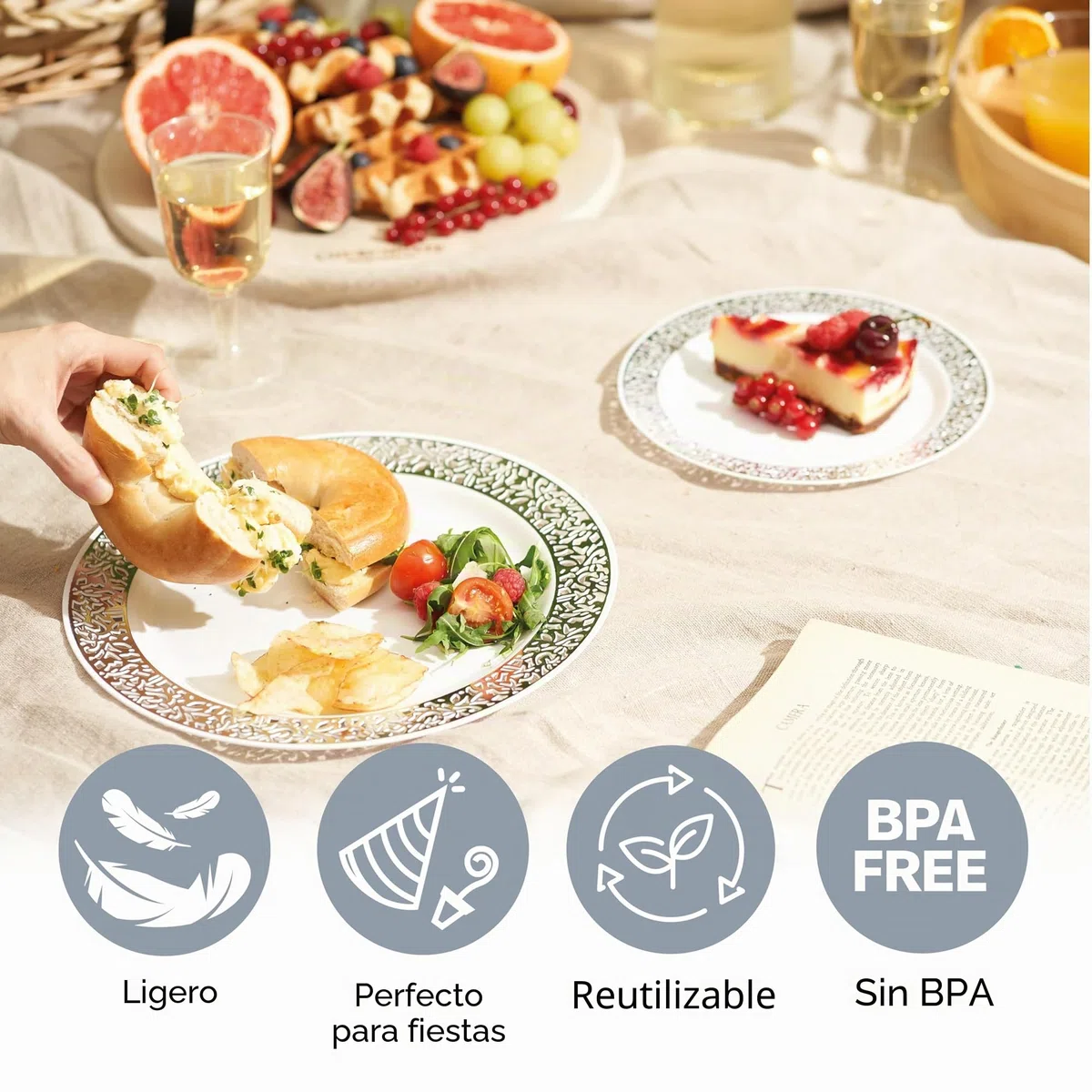 MATANA 40 Platos de Plástico Blanco Premium con Borde Plateado (2 Tamaños: 20 x 26cm, 20 x 19cm) - Elegantes, Resistentes y Reutilizables - Bodas, Cumpleaños, Barbacoas, Navidad, Fiestas