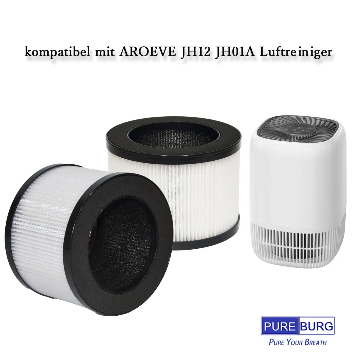 PUREBURG Filtro de repuesto compatible con purificador de aire AROEVE JH12 JH01A, paquete de 2 unidades H13 True HEPA carbón activado de 3 etapas de filtración de aire, purificación de polvo, VOCs