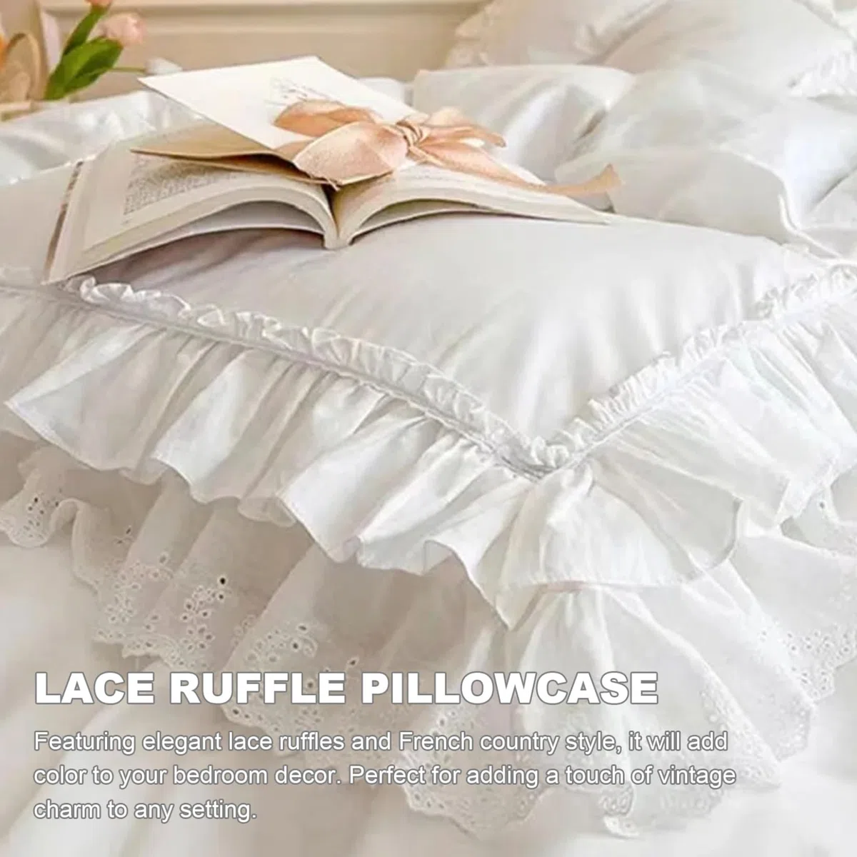 2 uds Funda de Almohada con Volantes, Fundas de Almohada Suaves de algodón de 19x29 Pulgadas con Encaje, Elementos Esenciales Vintage para el hogar para Dormitorio, Cama, Fundas Blancas