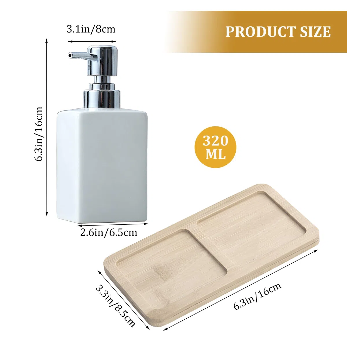 Juego de accesorios de baño blancos, juego de baño de cerámica de 3 piezas, accesorios de baño de lujo, incluye dispensador de jabón líquido de 320 ml, vaso de baño, bandeja de madera, kit de