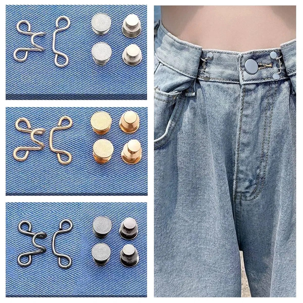 Juego de 36 broches de botón de mezclilla ajustables, hebilla de cintura, no requiere costura, tensor de cintura para pantalones vaqueros, ajuste instantáneo de vestido, 6 juegos (estilo A)