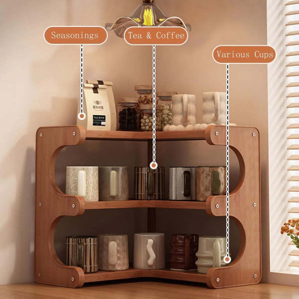 Estante esquinero de madera de 3 niveles, pequeño estante de exhibición de escritorio for libros y tazas, organizador de encimera multifuncional(13cm)