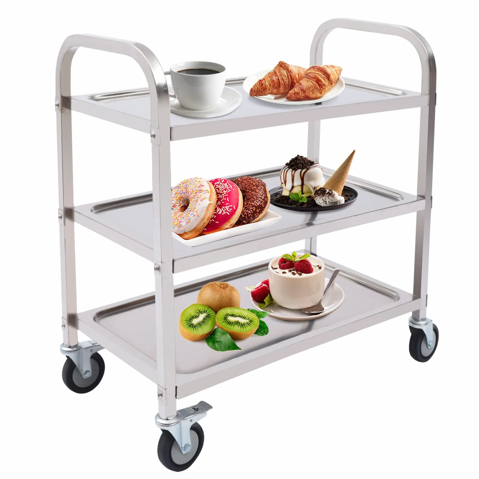 Carro de servicio de acero inoxidable para cocina, con ruedas y partición de 3 estantes, rueda silenciosa, 75 x 40 x 83,5 cm