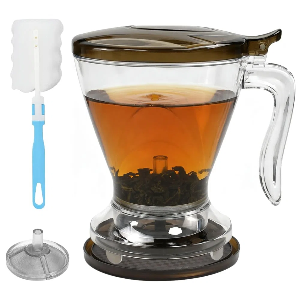 Tetera Filtro de Té de 600 ML, Colador de Té para Tetera, Flujo Hacia Abajo, Filtro Manual Piston PC Traslúcido, Con Cepillo de Limpieza, para Infusiones Frías o Calientes