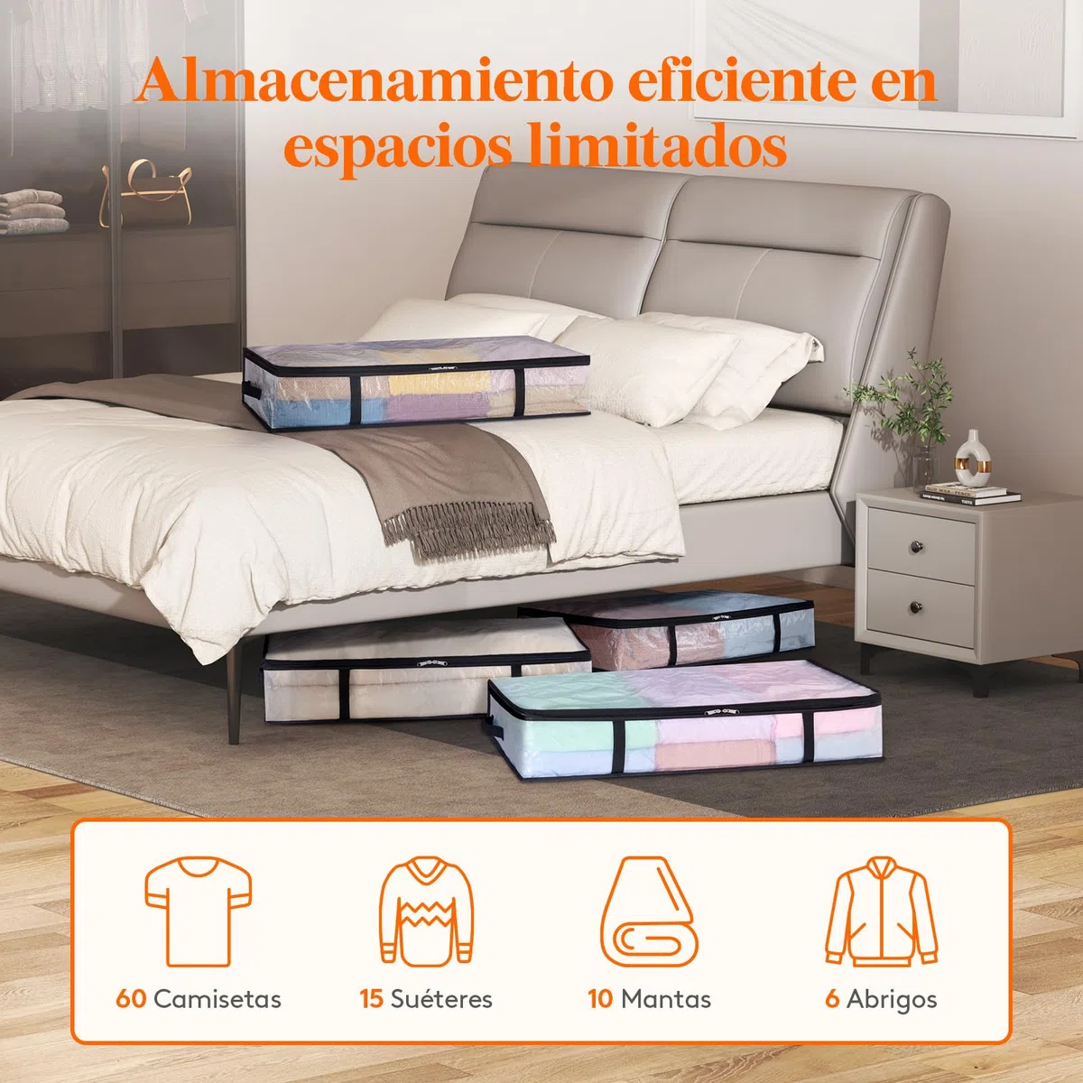 Lifewit Bolsas Almacenaje Ropa Transparentes 60L, Bolsas Debajo de la Cama con Asas, Cajas Almacenaje Plegable de PP, Organizador Armario Para Mantas, Juguetes, 4 Piezas