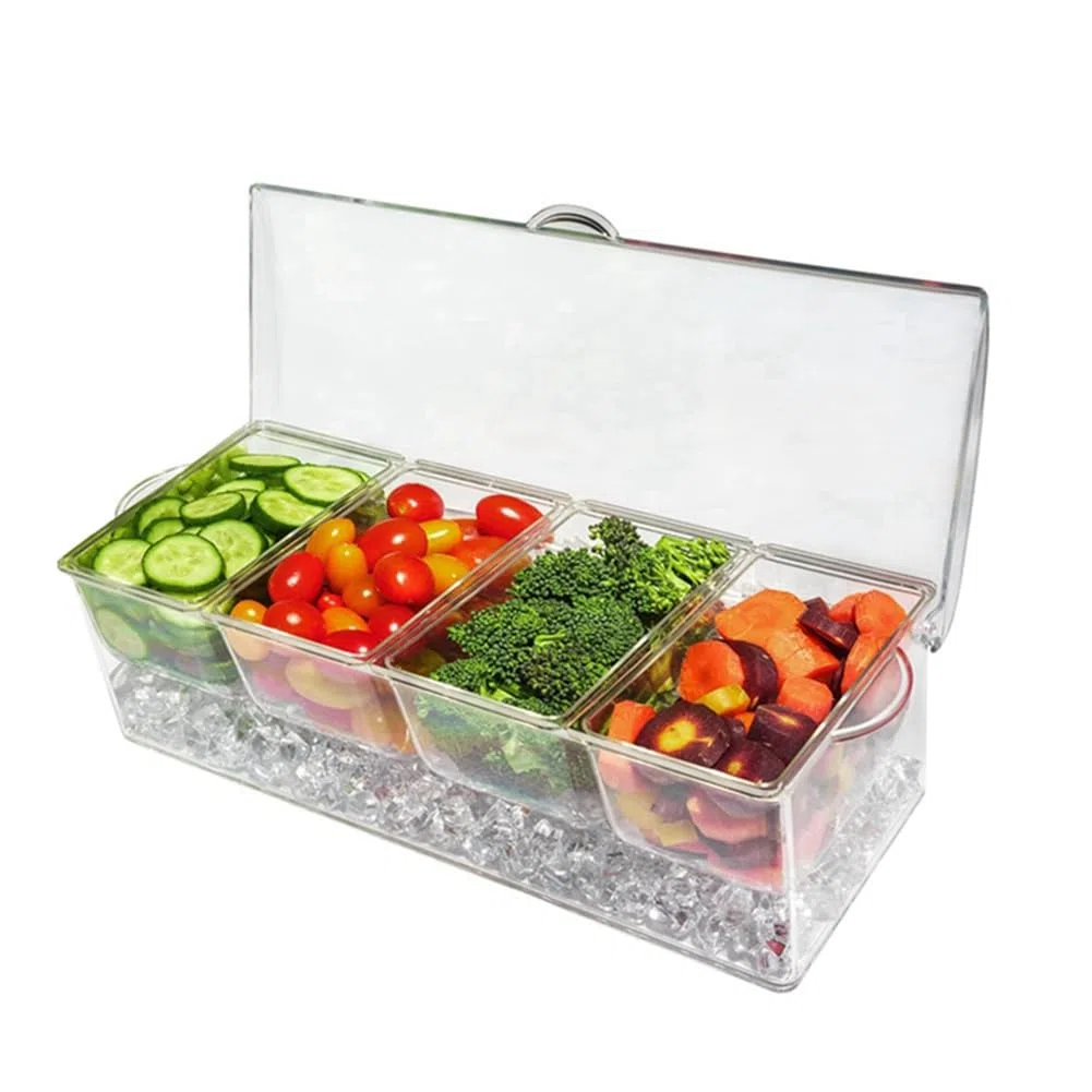Servidor de condimentos refrigerado por hielo con 4 recipientes separados, incluye bandeja y tapas, perfecto para barbacoas, fiestas y cenas al aire libre, mantiene las salsas frescas y frías